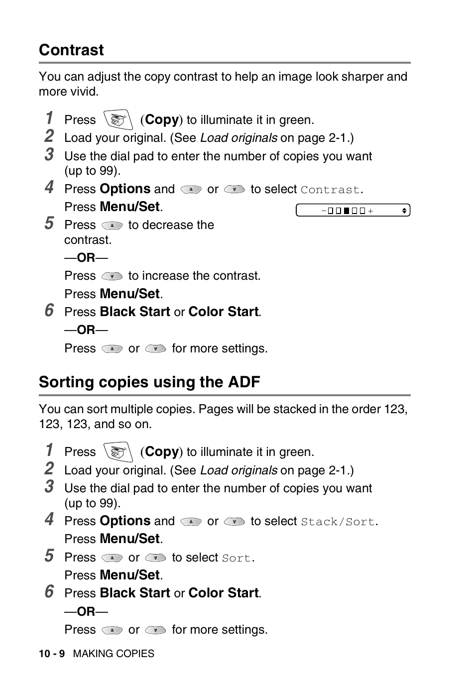 Contrast, Sorting copies using the adf, Contrast -9 sorting copies using the adf -9 | Brother MFC-3420C User Manual | Page 121 / 191