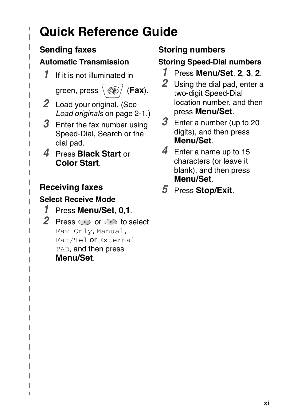 Quick reference guide, Sending faxes, Receiving faxes | Storing numbers | Brother MFC-3420C User Manual | Page 13 / 191