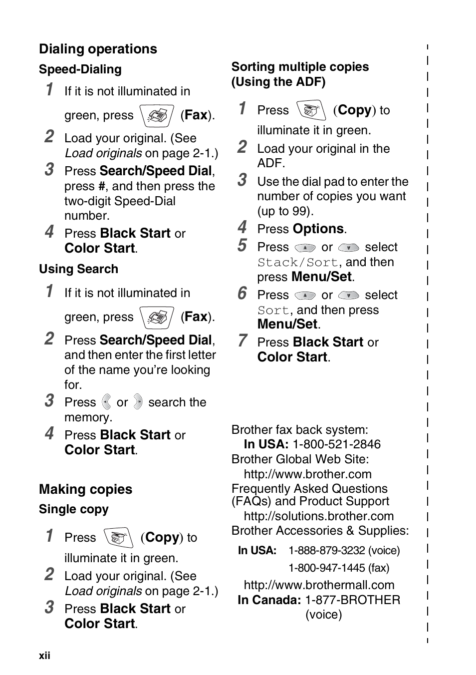 Dialing operations, Making copies | Brother MFC-3420C User Manual | Page 14 / 191