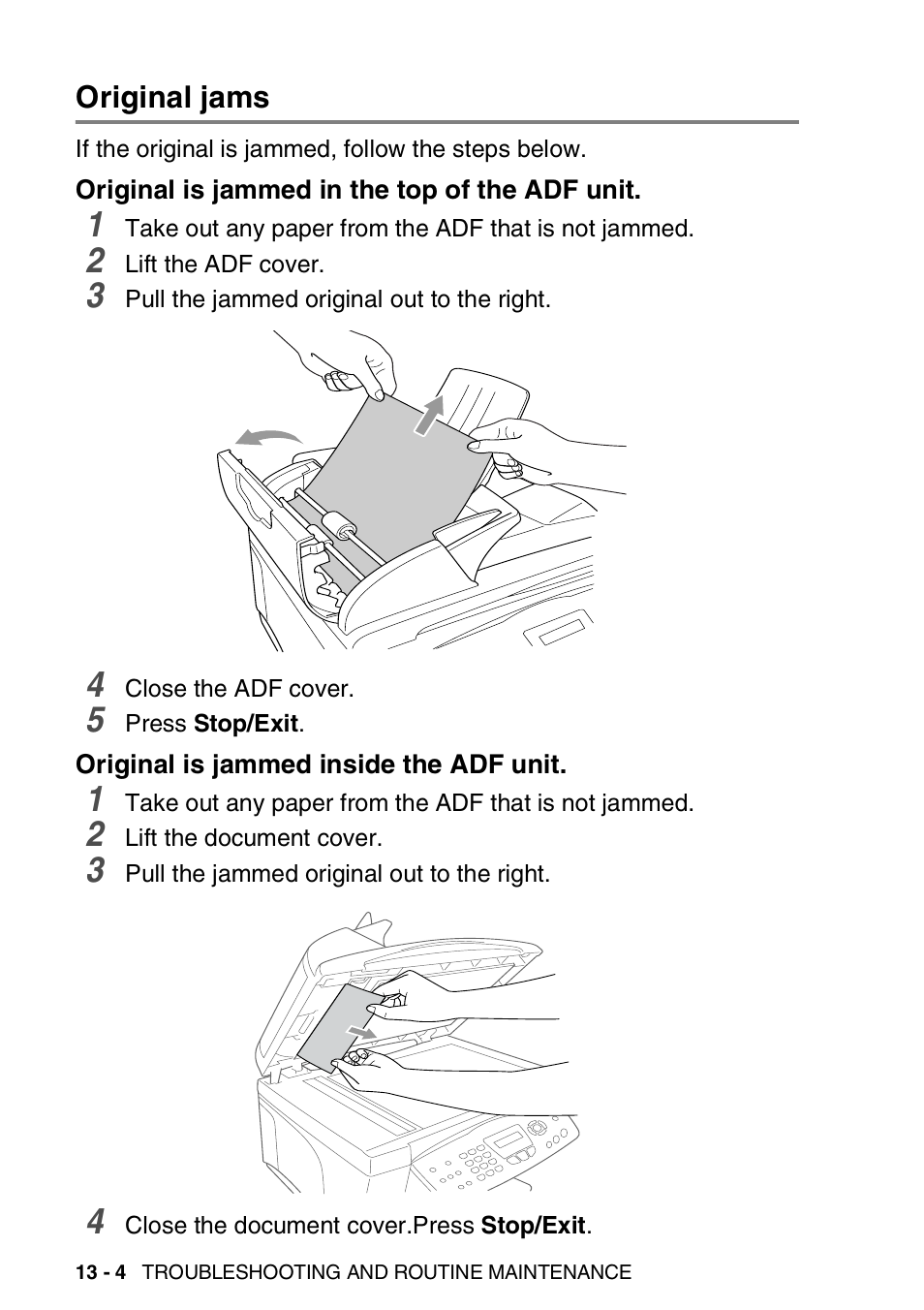 Original jams, Original is jammed in the top of the adf unit, Original is jammed inside the adf unit | Original jams -4 | Brother MFC-3420C User Manual | Page 151 / 191
