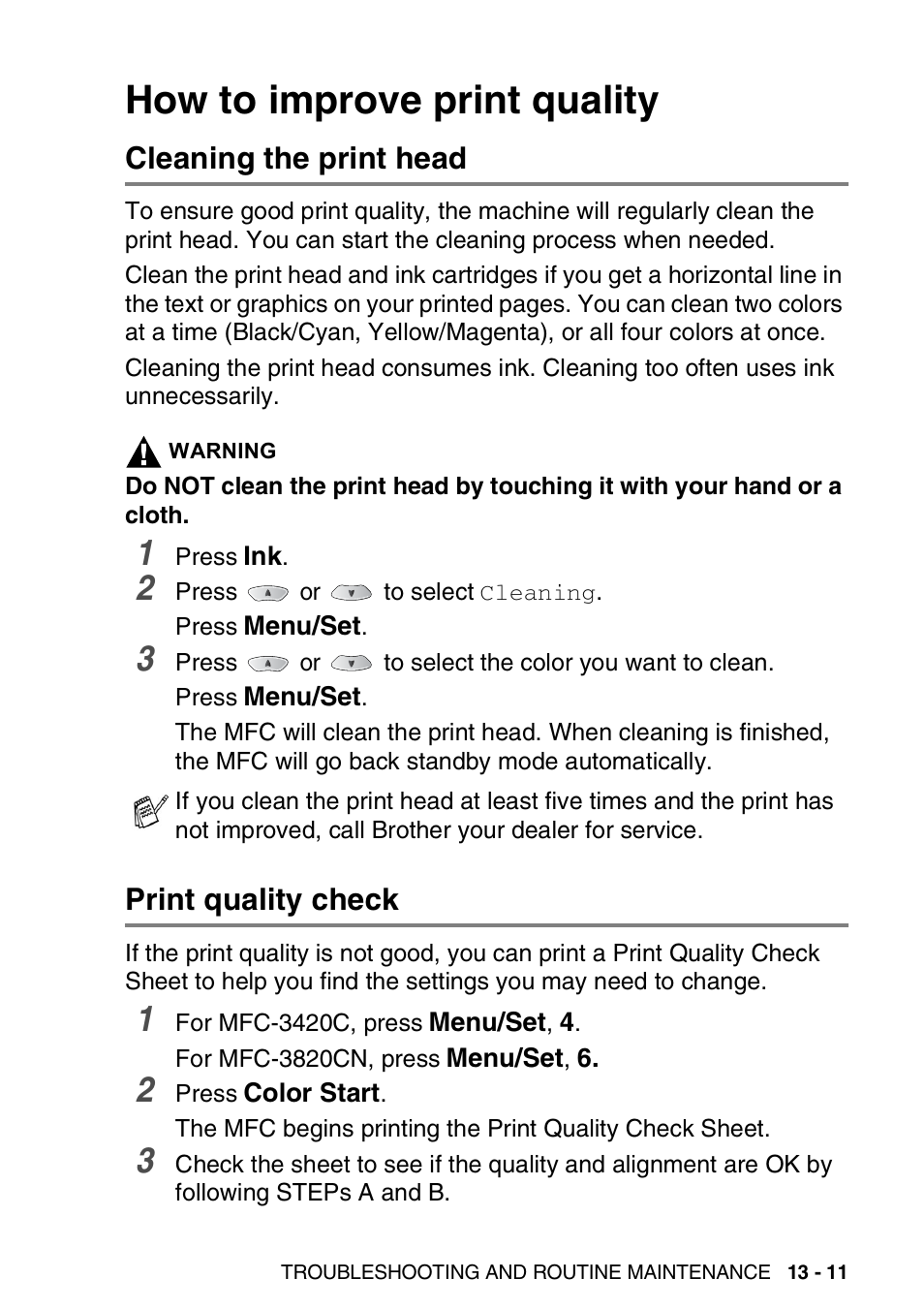 How to improve print quality, Cleaning the print head, Print quality check | How to improve print quality -11 | Brother MFC-3420C User Manual | Page 158 / 191