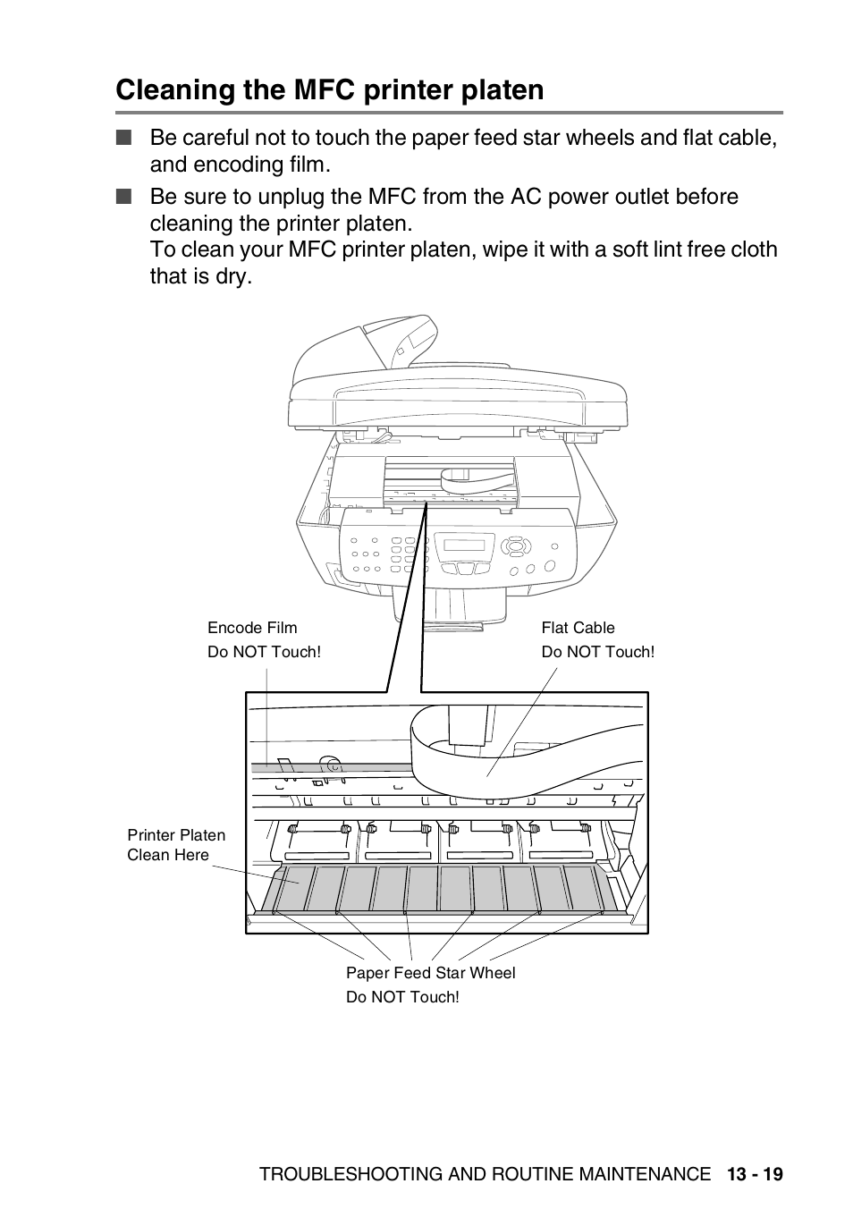 Cleaning the mfc printer platen, Cleaning the mfc printer platen -19 | Brother MFC-3420C User Manual | Page 166 / 191