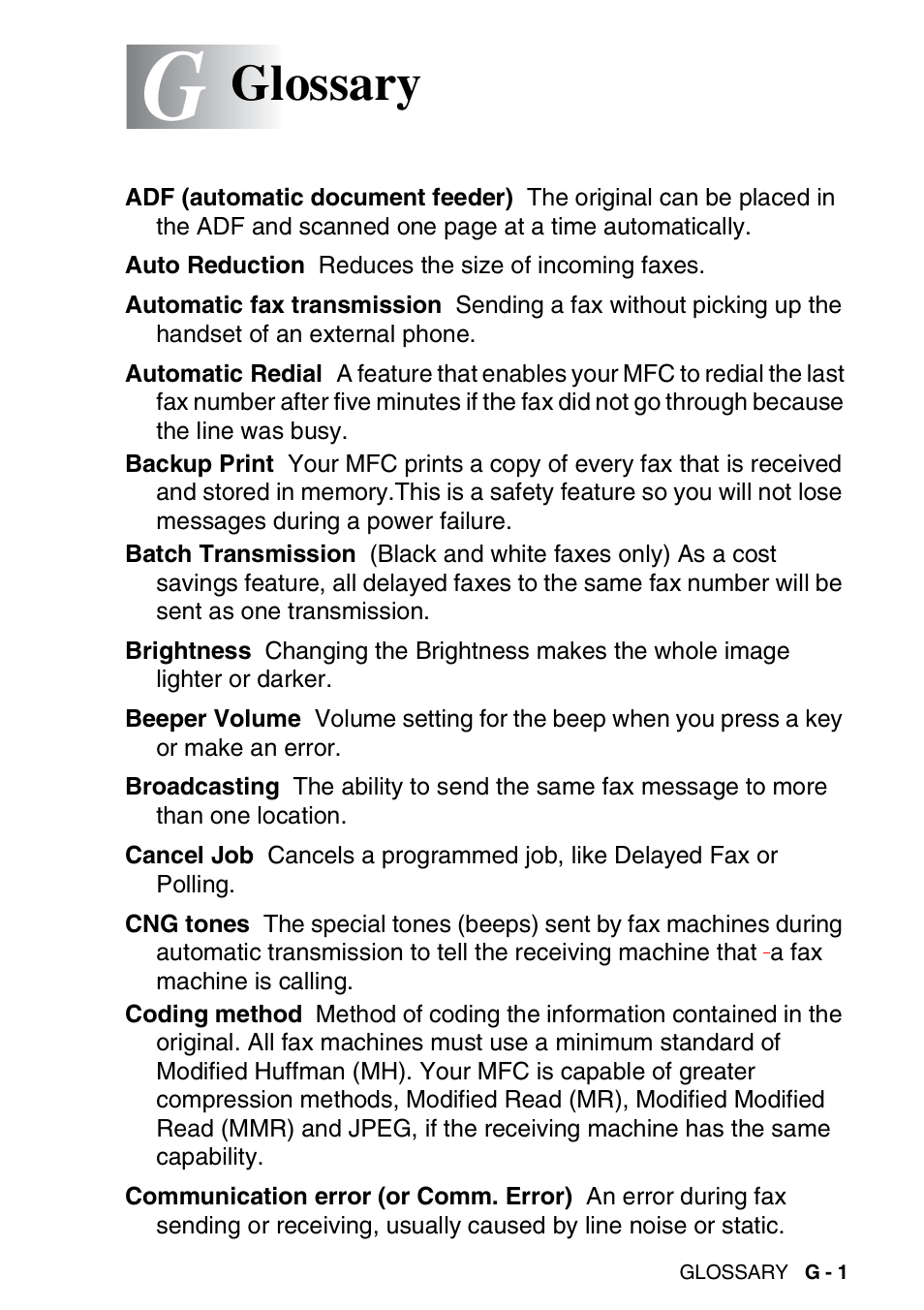 Glossary | Brother MFC-3420C User Manual | Page 170 / 191