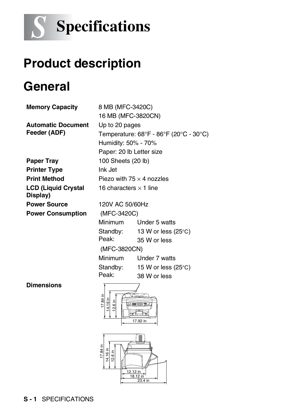 Specifications, Product description, General | Product description general | Brother MFC-3420C User Manual | Page 175 / 191