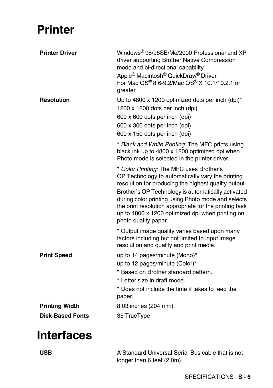 Printer, Interfaces, Printer interfaces | Brother MFC-3420C User Manual | Page 180 / 191