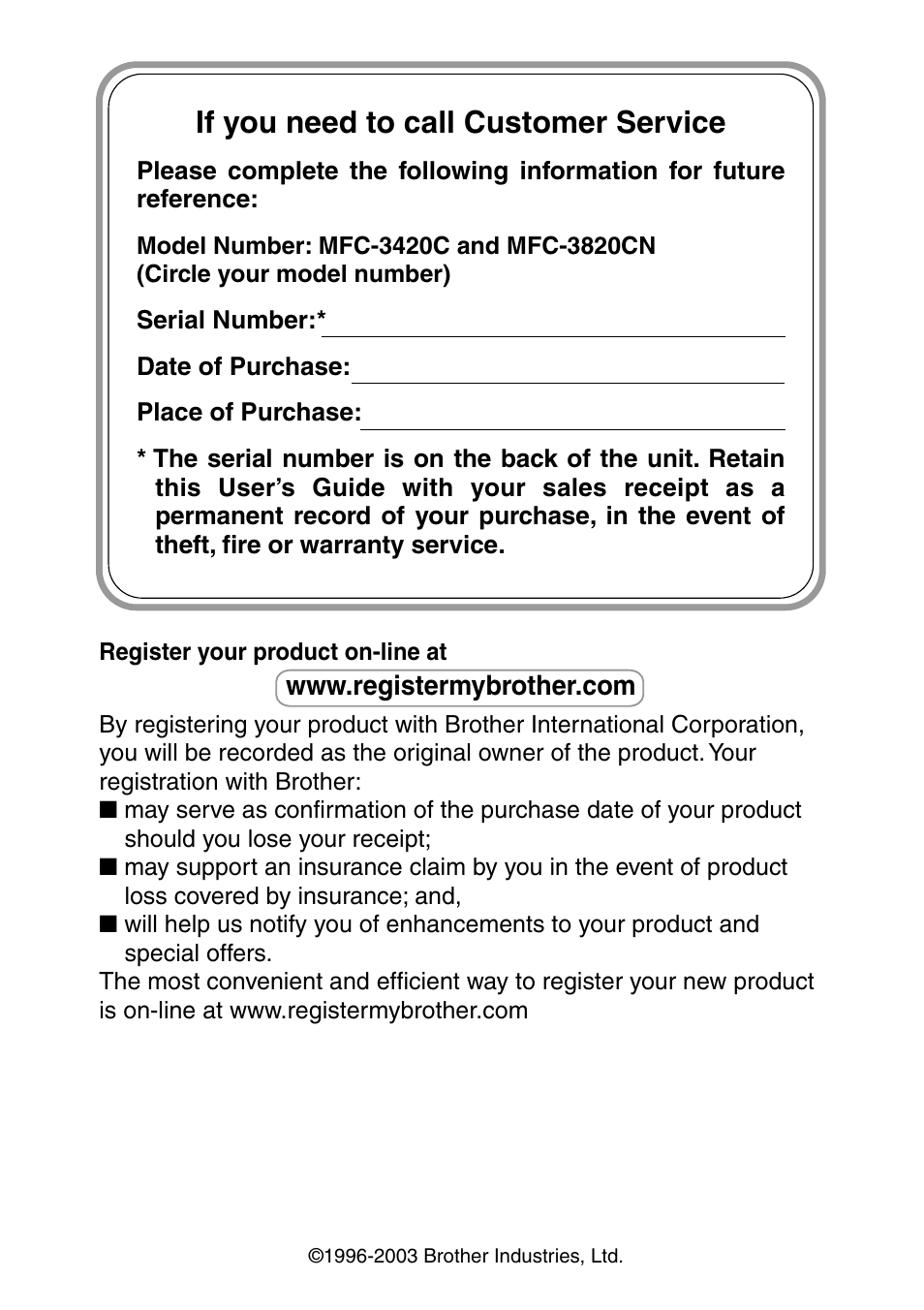 If you need to call customer service | Brother MFC-3420C User Manual | Page 2 / 191