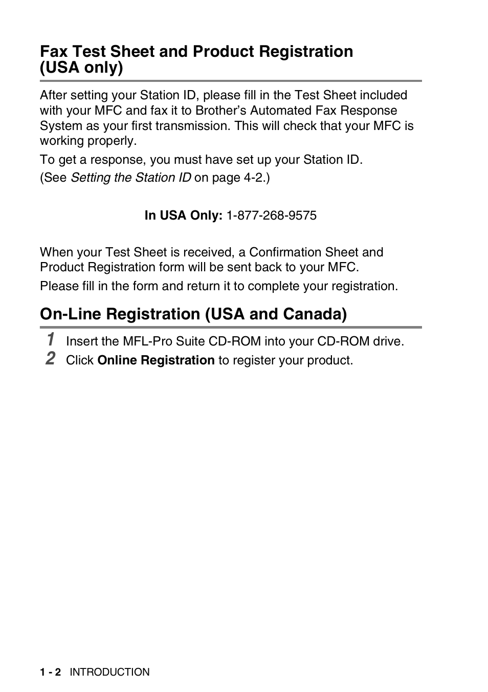Fax test sheet and product registration (usa only), On-line registration (usa and canada), Fax test sheet and product registration | Usa only) -2, On-line registration (usa and canada) -2 | Brother MFC-3420C User Manual | Page 23 / 191