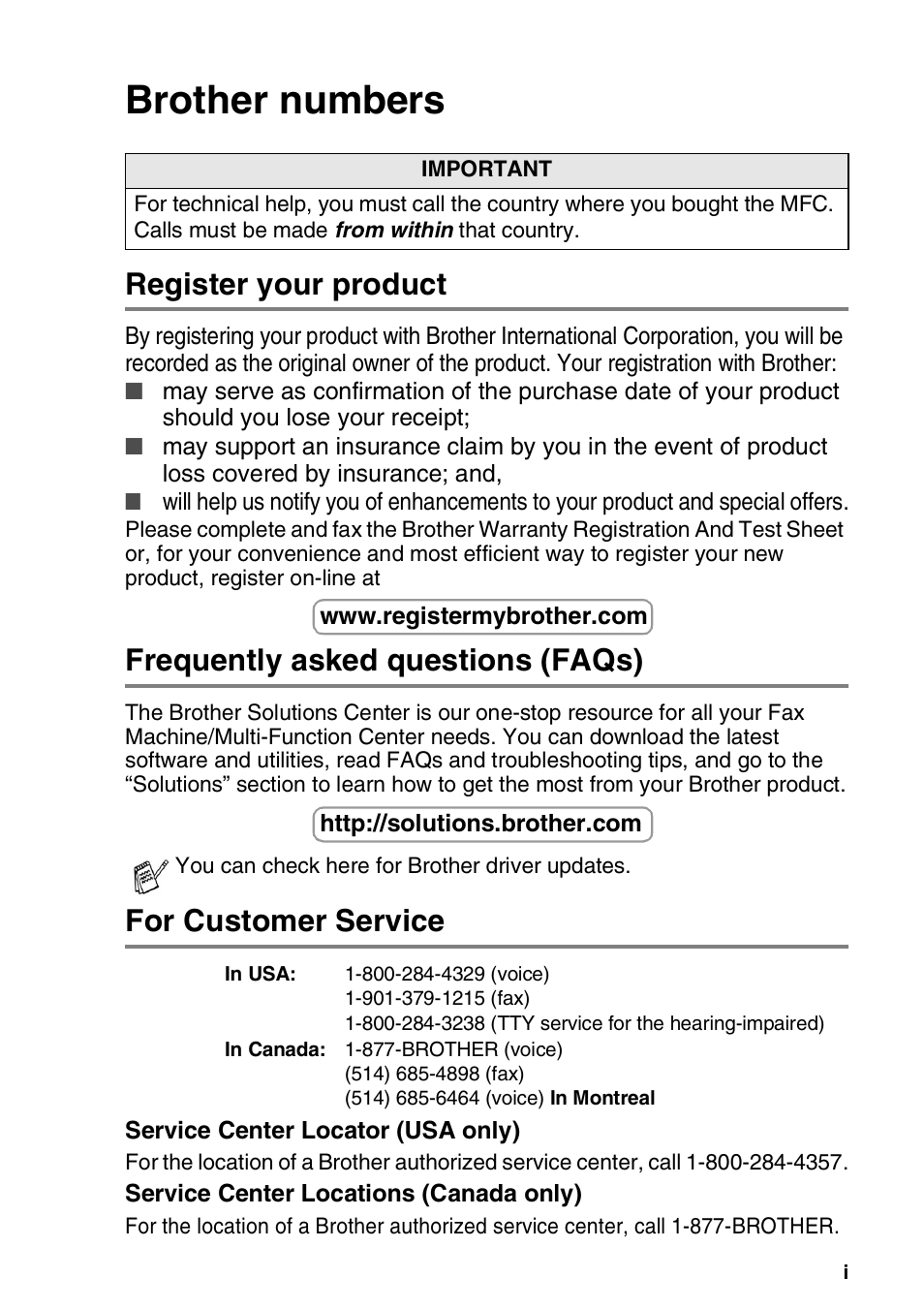 Brother numbers, Register your product, Frequently asked questions (faqs) | For customer service | Brother MFC-3420C User Manual | Page 3 / 191