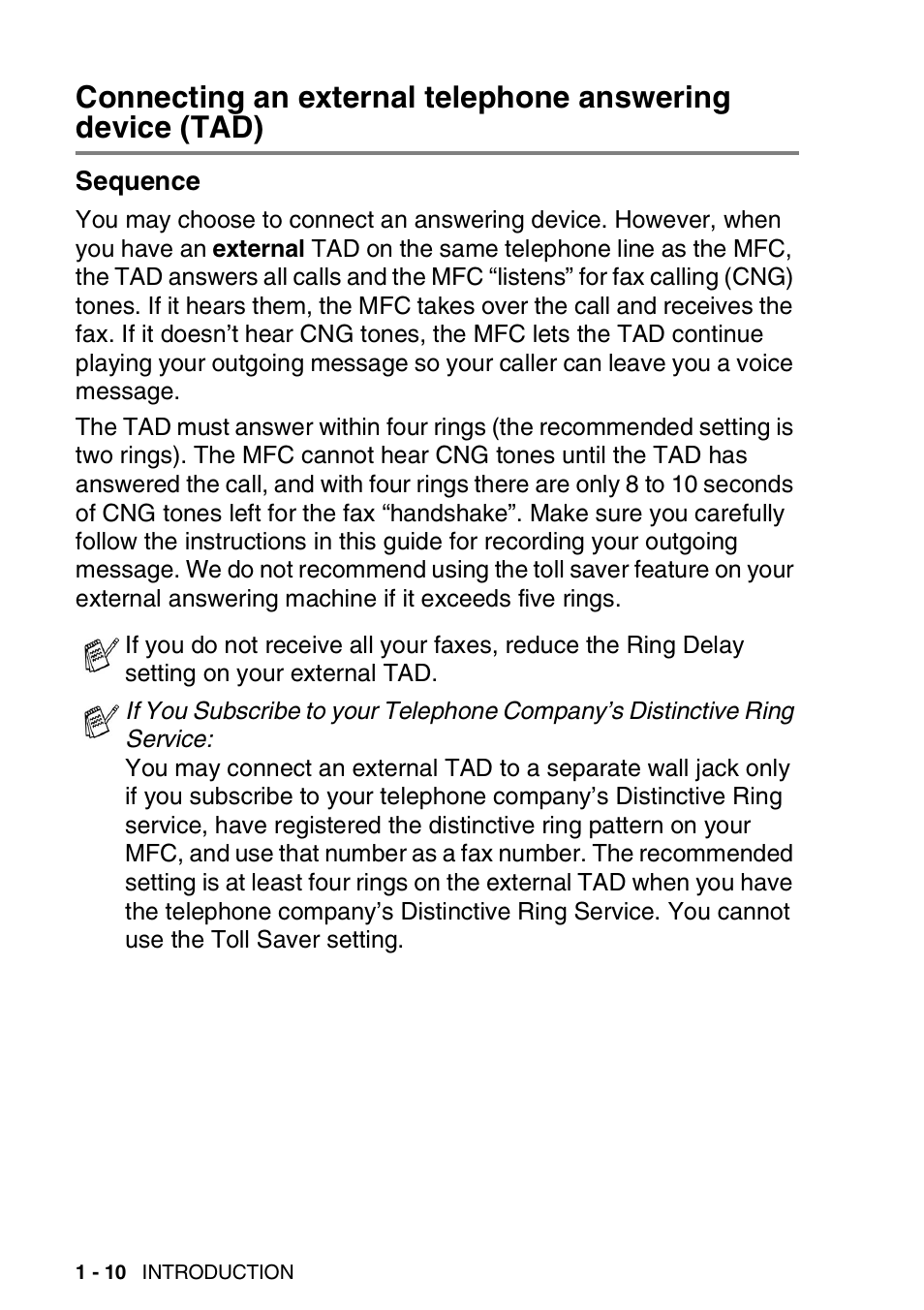 Sequence, Connecting an external telephone answering device, Tad) -10 sequence -10 | Brother MFC-3420C User Manual | Page 31 / 191