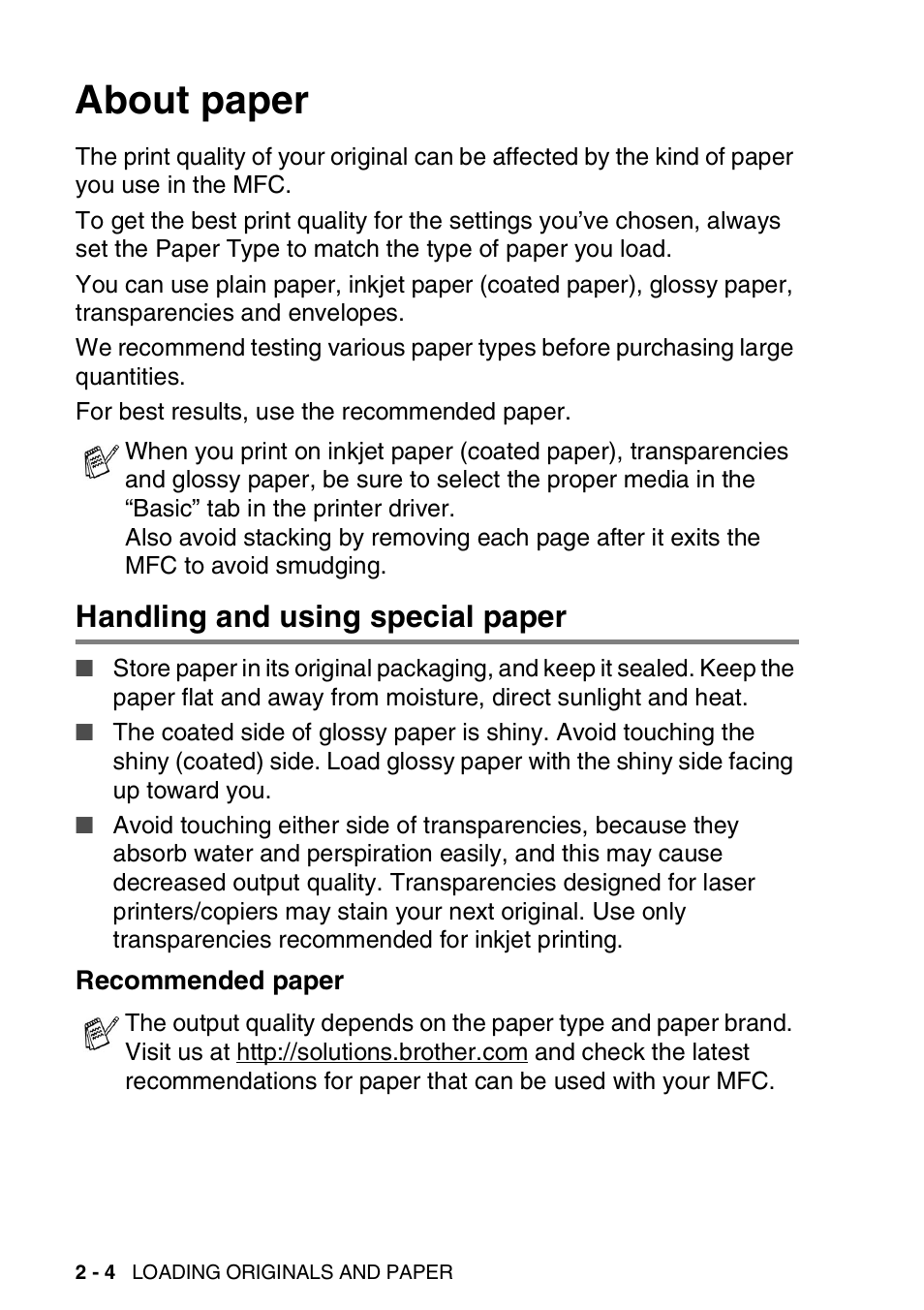 About paper, Handling and using special paper, Recommended paper | About paper -4, Handling and using special paper -4, Recommended paper -4 | Brother MFC-3420C User Manual | Page 41 / 191