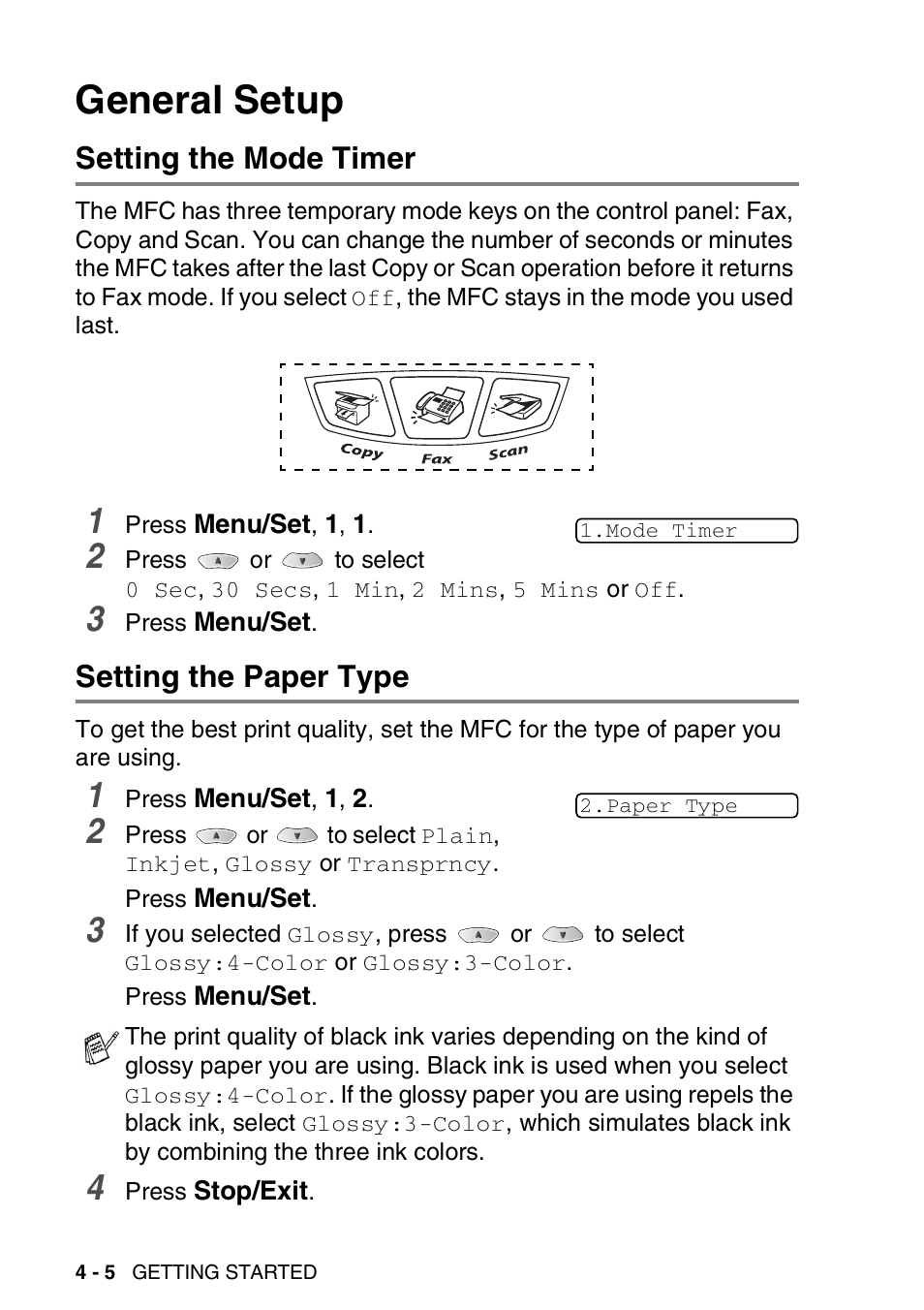 General setup, Setting the mode timer, Setting the paper type | General setup -5 | Brother MFC-3420C User Manual | Page 63 / 191