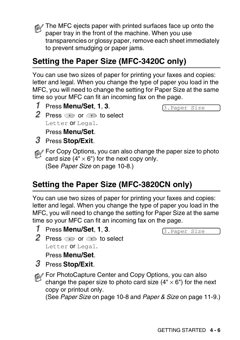 Setting the paper size (mfc-3420c only), Setting the paper size (mfc-3820cn only) | Brother MFC-3420C User Manual | Page 64 / 191