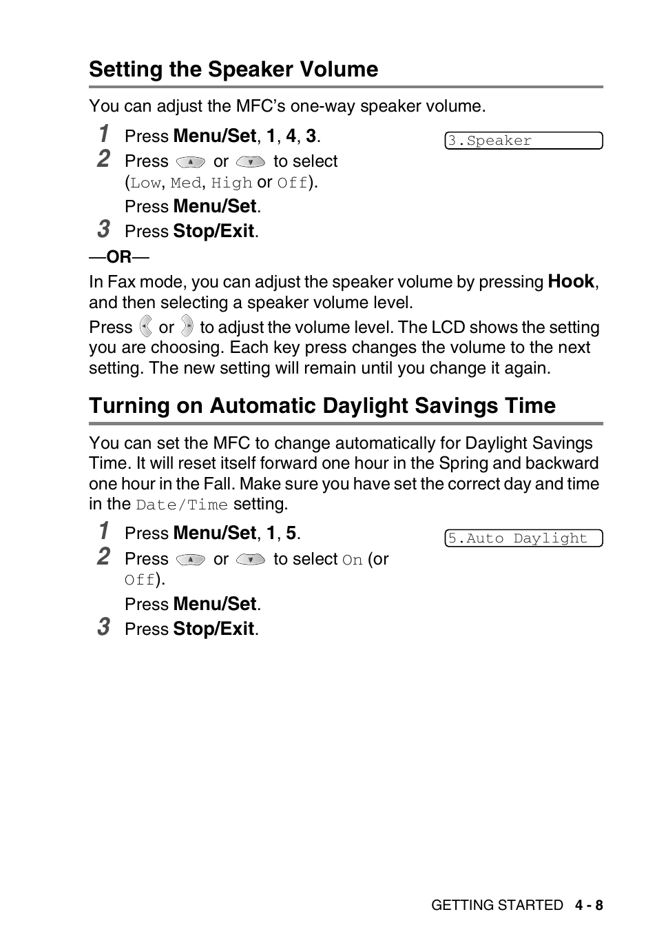 Setting the speaker volume, Turning on automatic daylight savings time | Brother MFC-3420C User Manual | Page 66 / 191