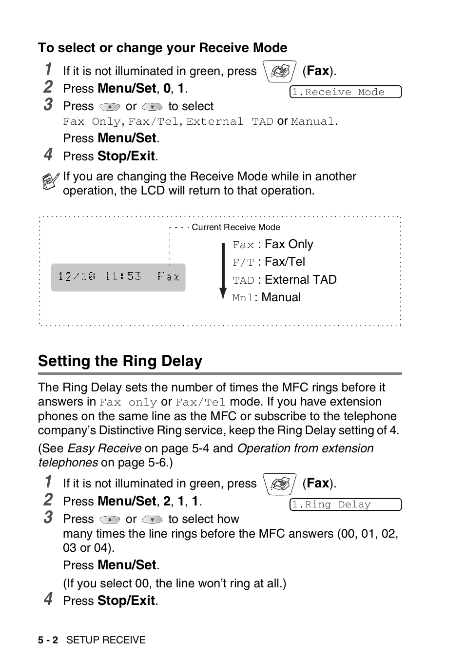 To select or change your receive mode, Setting the ring delay, To select or change your receive mode -2 | Setting the ring delay -2 | Brother MFC-3420C User Manual | Page 69 / 191