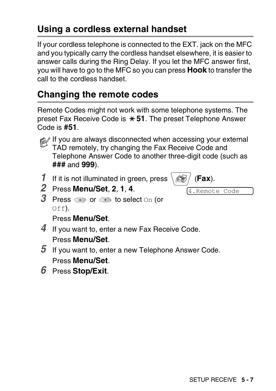 Using a cordless external handset, Changing the remote codes | Brother MFC-3420C User Manual | Page 74 / 191