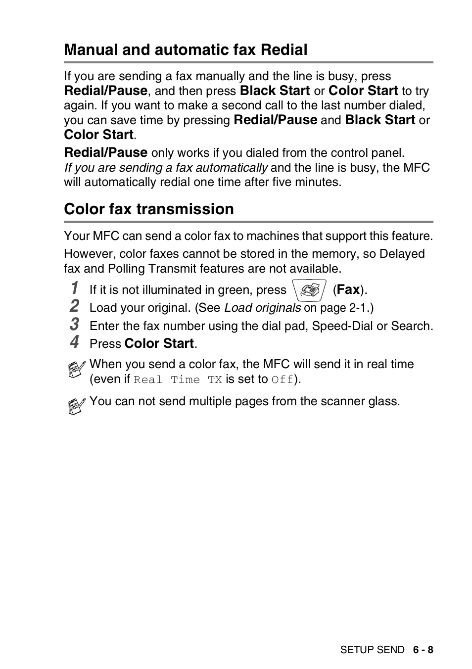 Manual and automatic fax redial, Color fax transmission | Brother MFC-3420C User Manual | Page 88 / 191