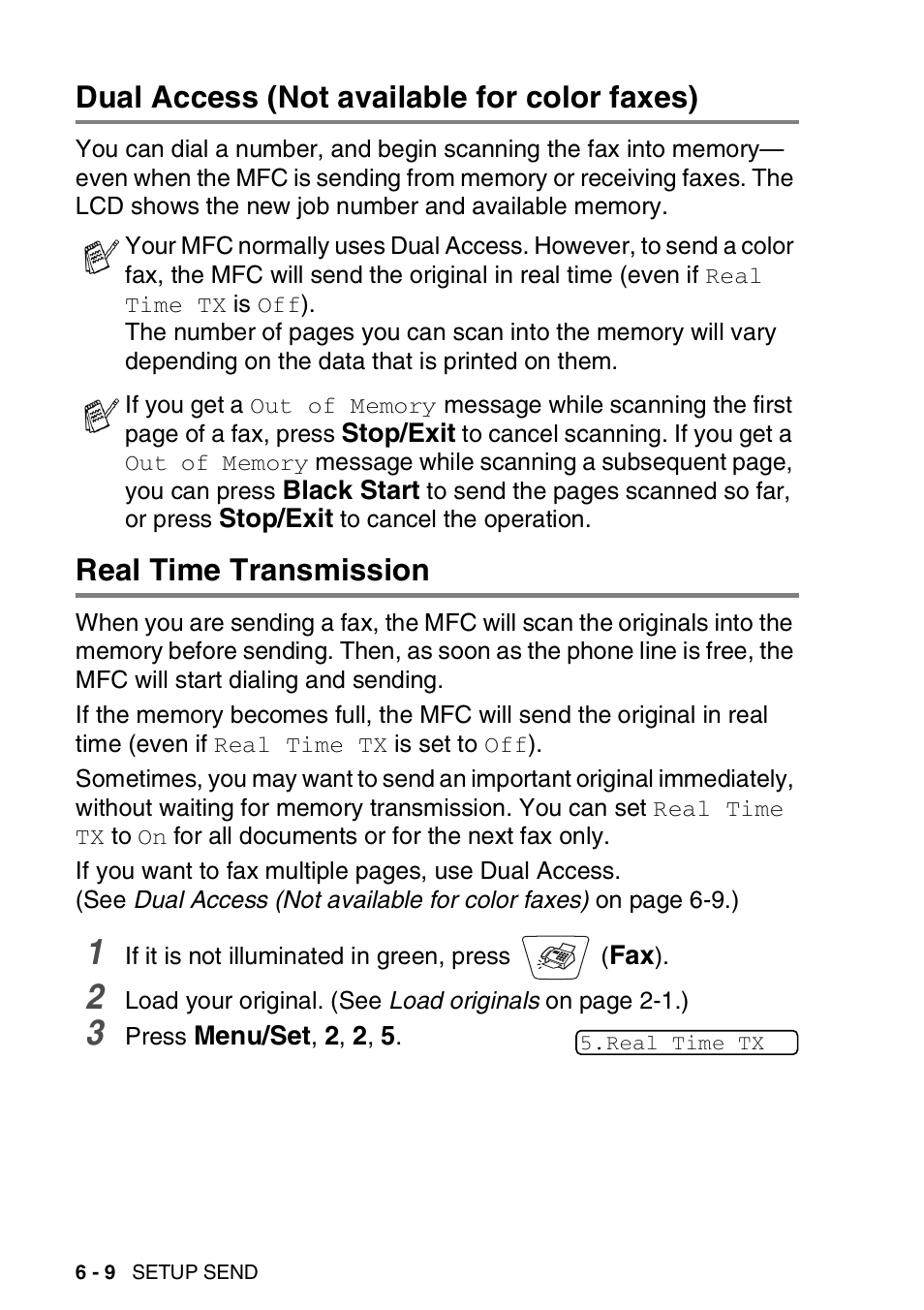 Dual access (not available for color faxes), Real time transmission | Brother MFC-3420C User Manual | Page 89 / 191
