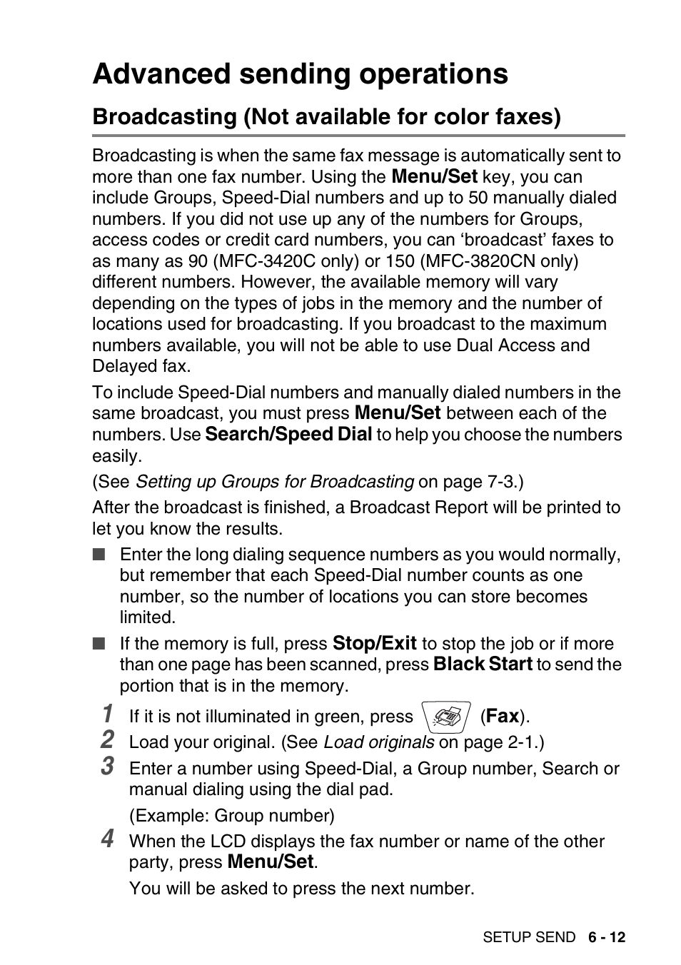 Advanced sending operations, Broadcasting (not available for color faxes), Advanced sending operations -12 | Broadcasting (not available for color faxes) -12 | Brother MFC-3420C User Manual | Page 92 / 191