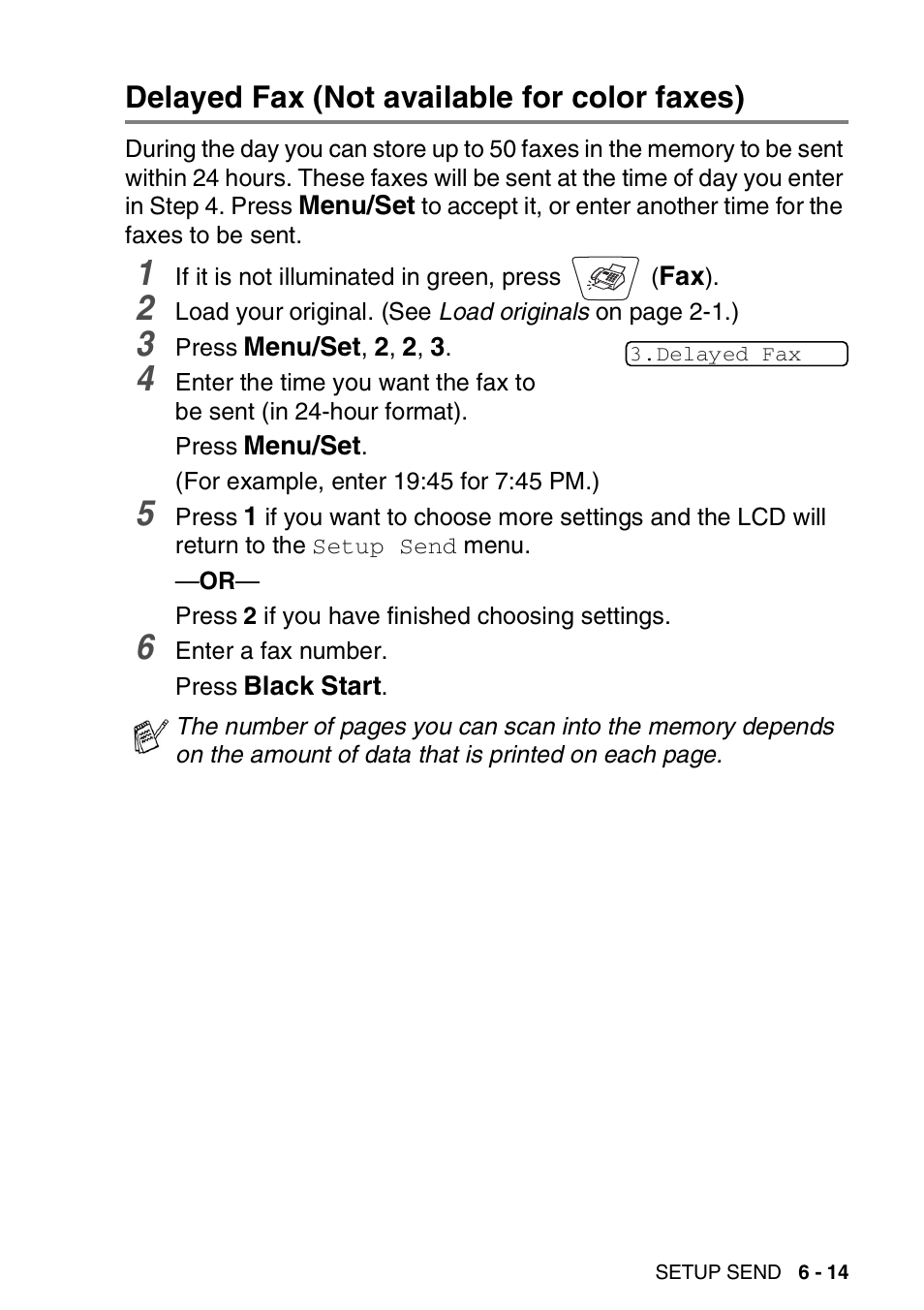 Delayed fax (not available for color faxes), Delayed fax (not available for color faxes) -14 | Brother MFC-3420C User Manual | Page 94 / 191