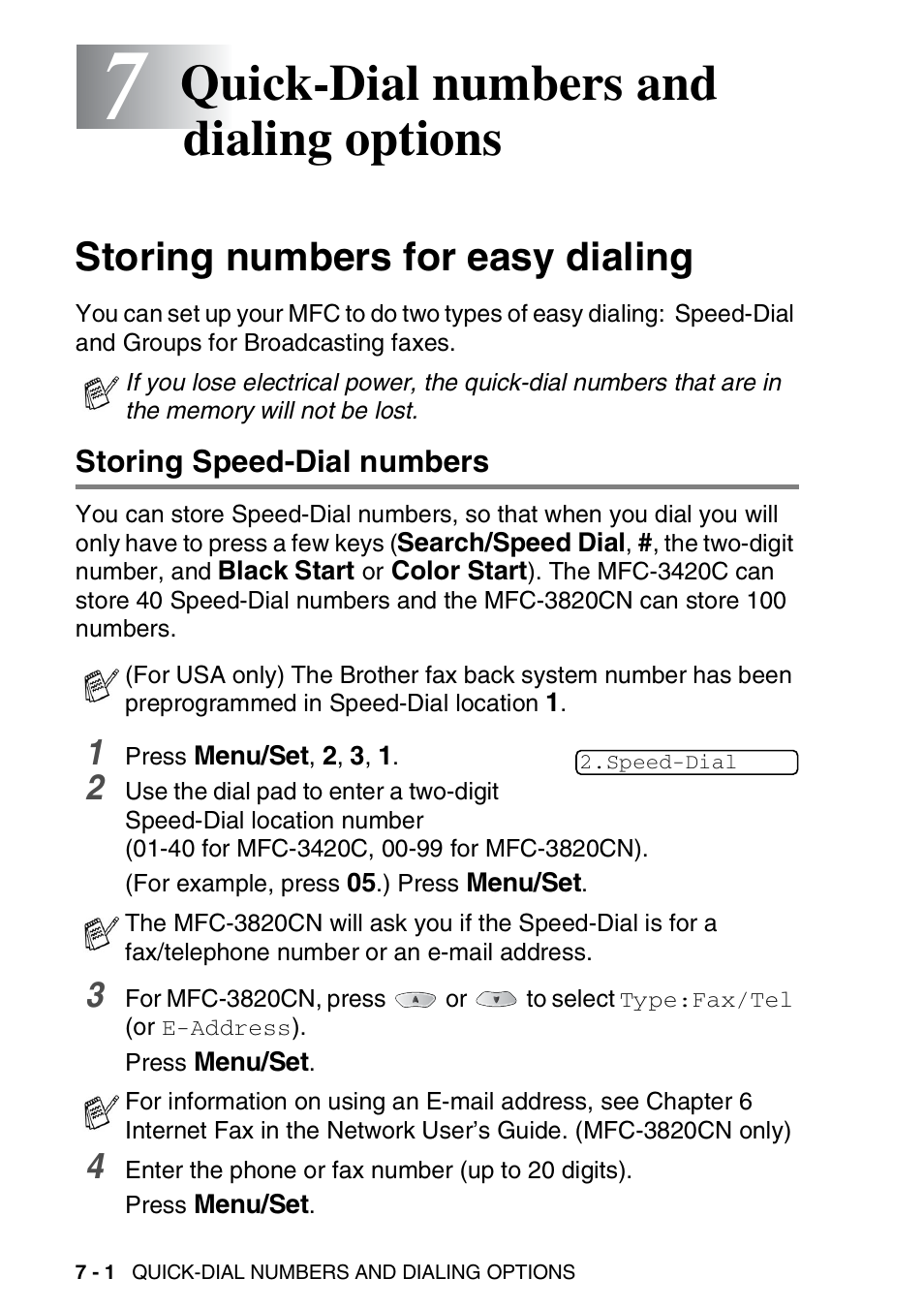7 quick-dial numbers and dialing options, Quick-dial numbers and dialing options -1, Storing numbers for easy dialing -1 | Storing speed-dial numbers -1, Quick-dial numbers and dialing options, Storing numbers for easy dialing | Brother MFC-3420C User Manual | Page 97 / 191
