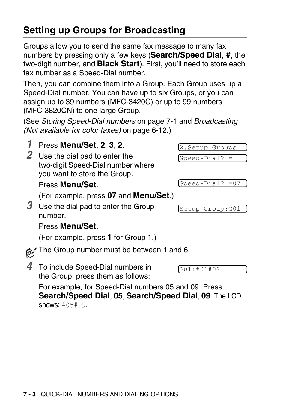 Setting up groups for broadcasting, Setting up groups for broadcasting -3 | Brother MFC-3420C User Manual | Page 99 / 191