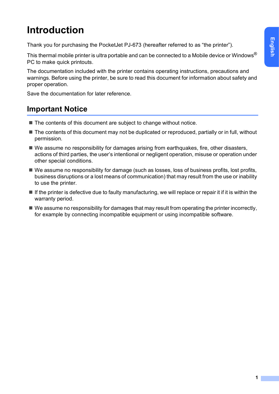 Introduction, Important notice | Brother PocketJet PJ-673 w WLAN User Manual | Page 2 / 14
