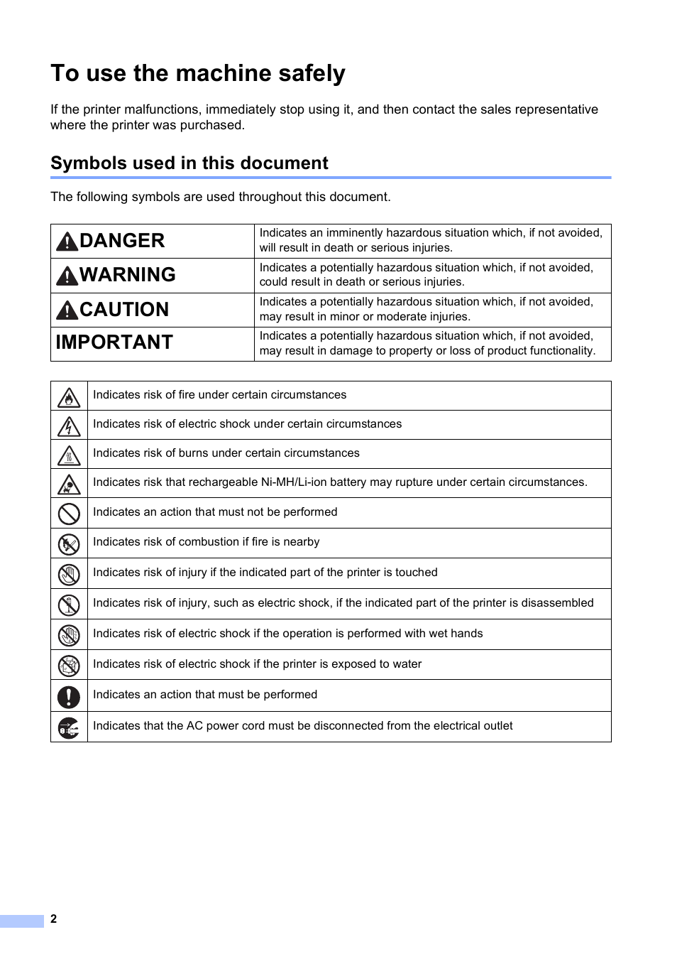 To use the machine safely, Symbols used in this document, Danger | Warning, Caution, Important | Brother PocketJet PJ-673 w WLAN User Manual | Page 3 / 14