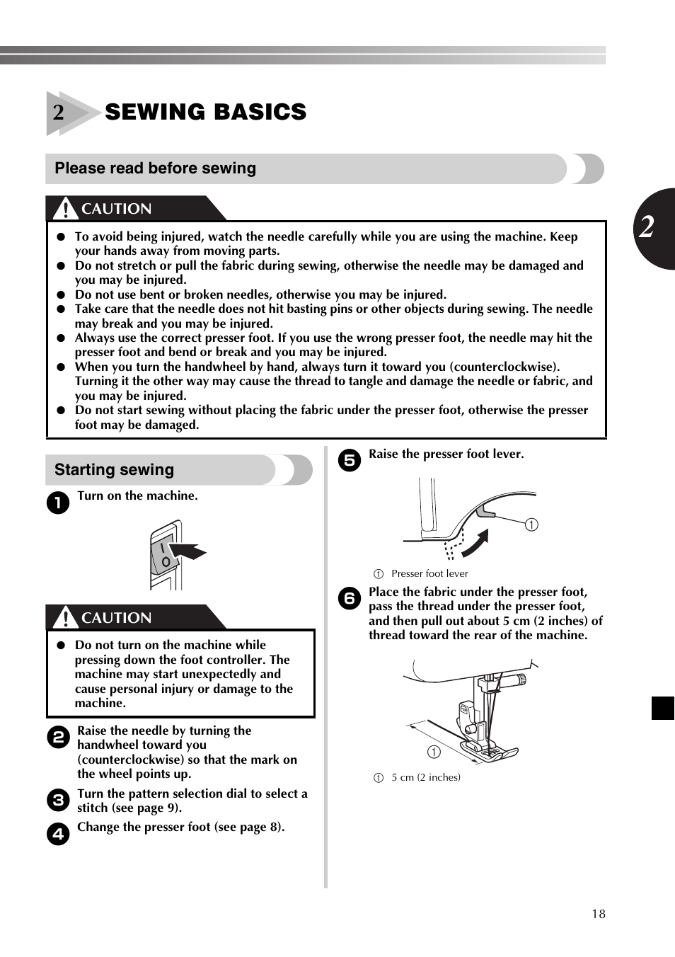 2sewing basics, Please read before sewing, Starting sewing | Caution | Brother SB170 User Manual | Page 19 / 92
