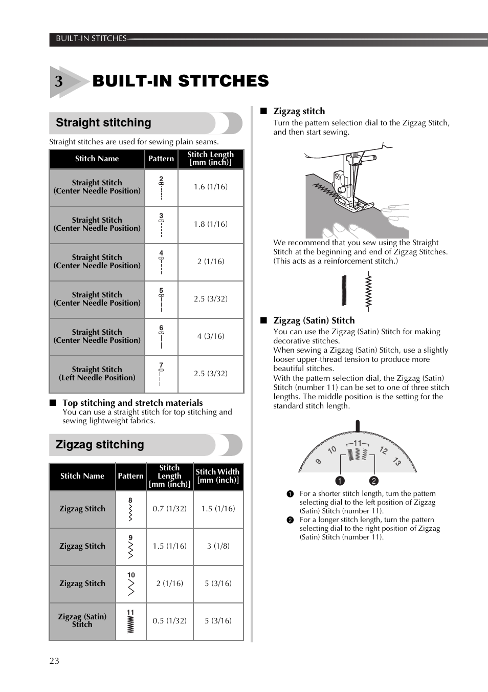 3built-in stitches, Straight stitching, Zigzag stitching | Brother SB170 User Manual | Page 24 / 92