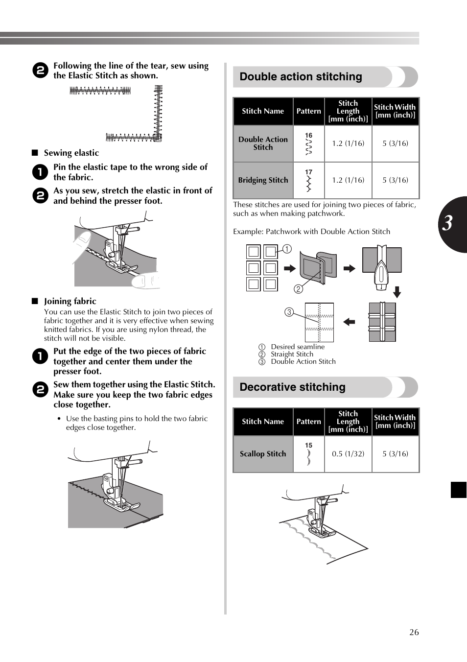 Double action stitching, Decorative stitching | Brother SB170 User Manual | Page 27 / 92