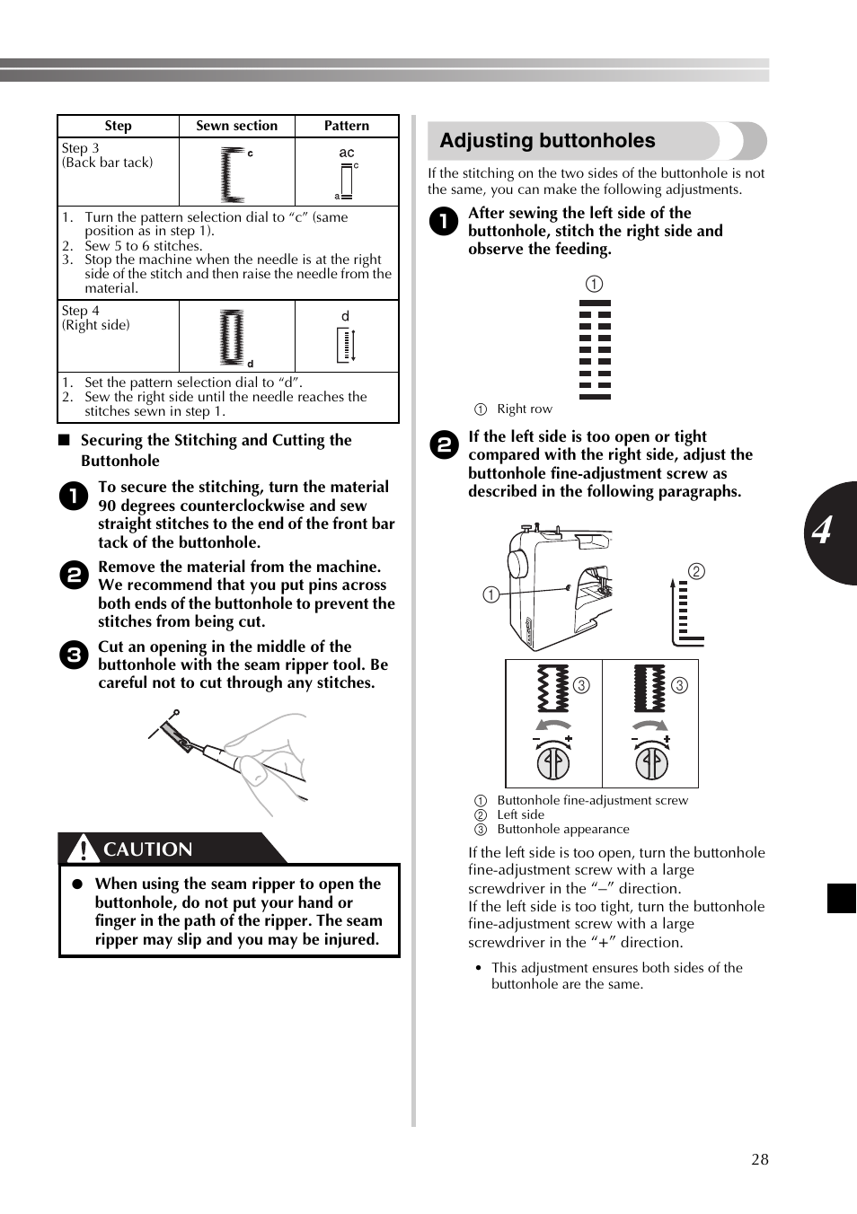 Adjusting buttonholes, Caution | Brother SB170 User Manual | Page 29 / 92