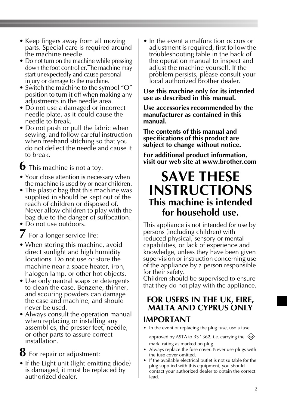 Save these instructions, This machine is intended for household use | Brother SB170 User Manual | Page 3 / 92