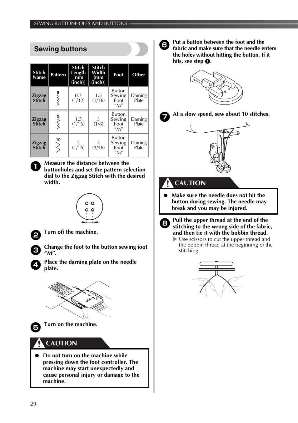 Sewing buttons, Caution | Brother SB170 User Manual | Page 30 / 92