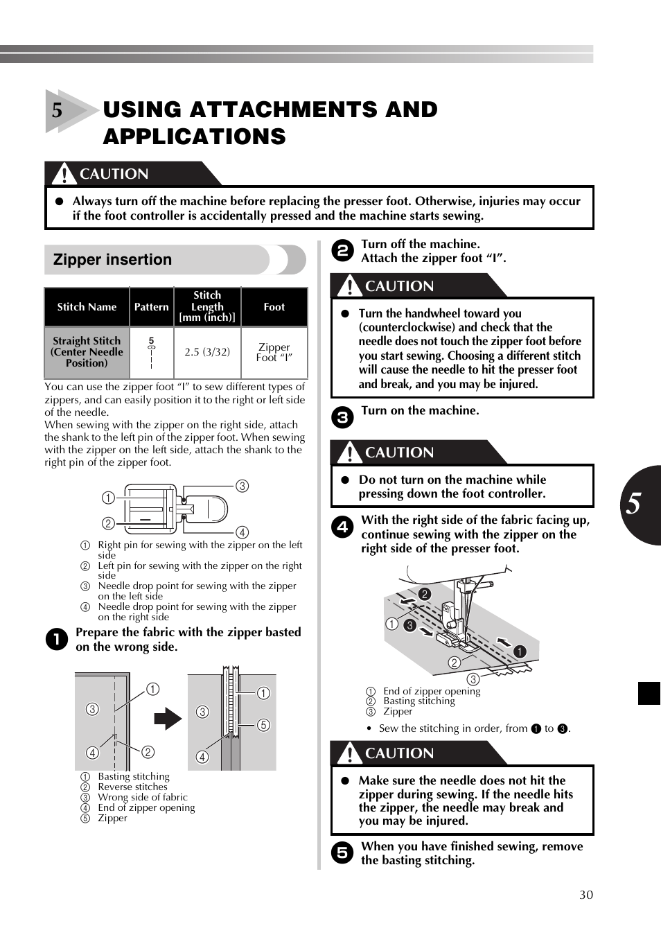 5using attachments and applications, Zipper insertion, Caution | Brother SB170 User Manual | Page 31 / 92