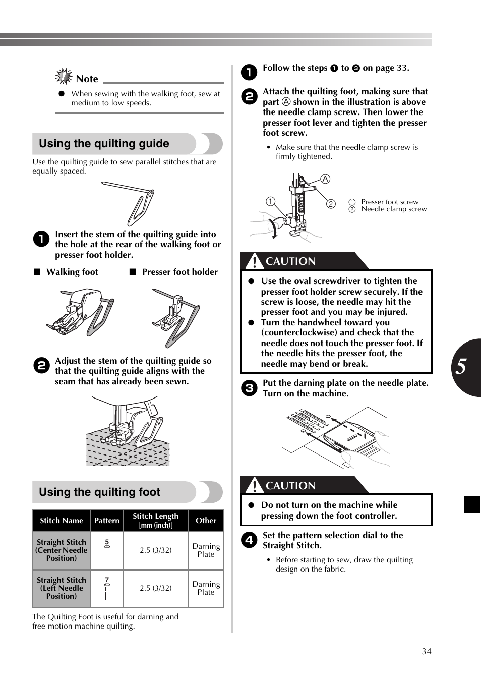 Using the quilting guide, Using the quilting foot, Caution | 21 a | Brother SB170 User Manual | Page 35 / 92