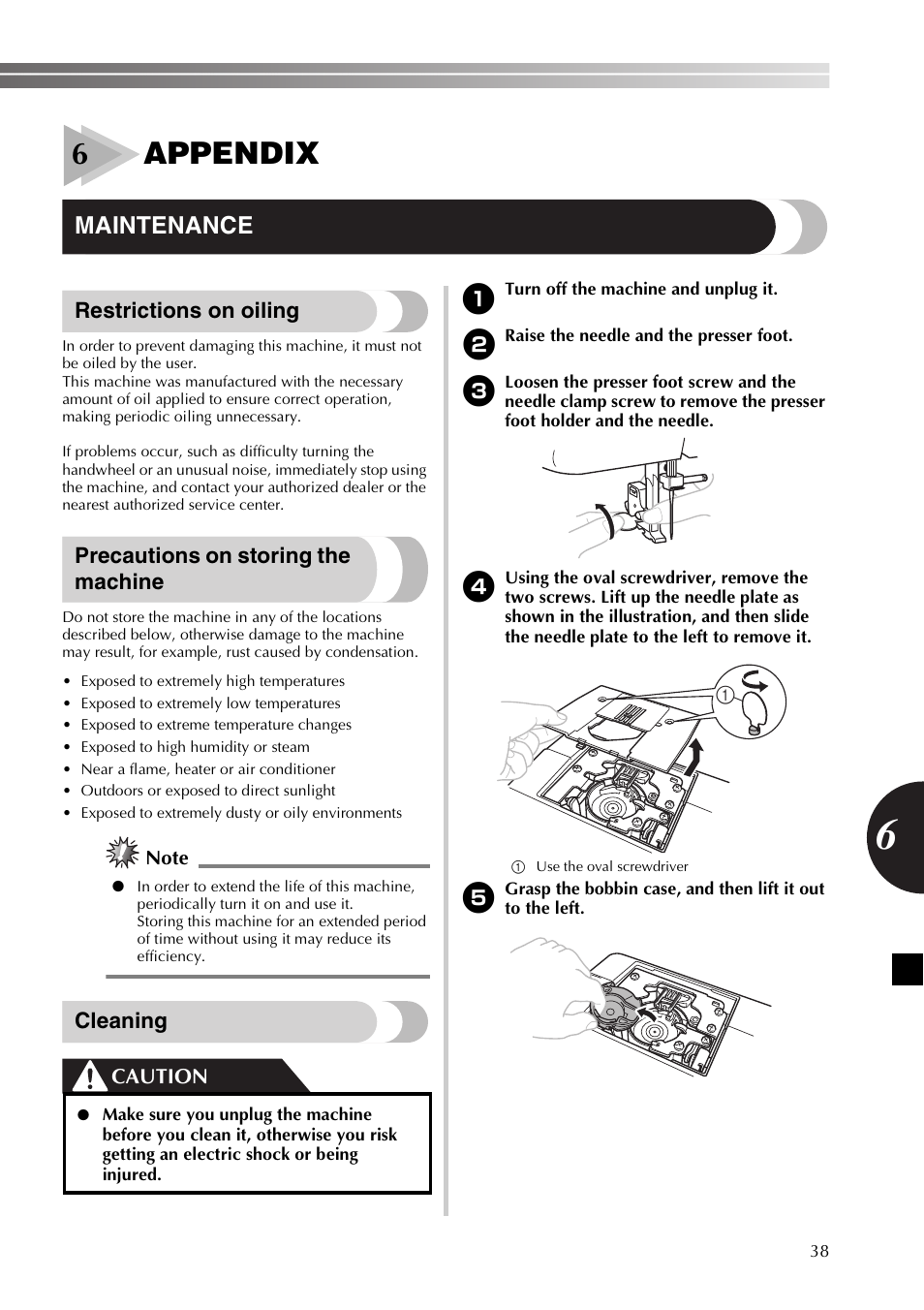 6appendix, Maintenance, Restrictions on oiling | Precautions on storing the machine, Cleaning, Caution | Brother SB170 User Manual | Page 39 / 92