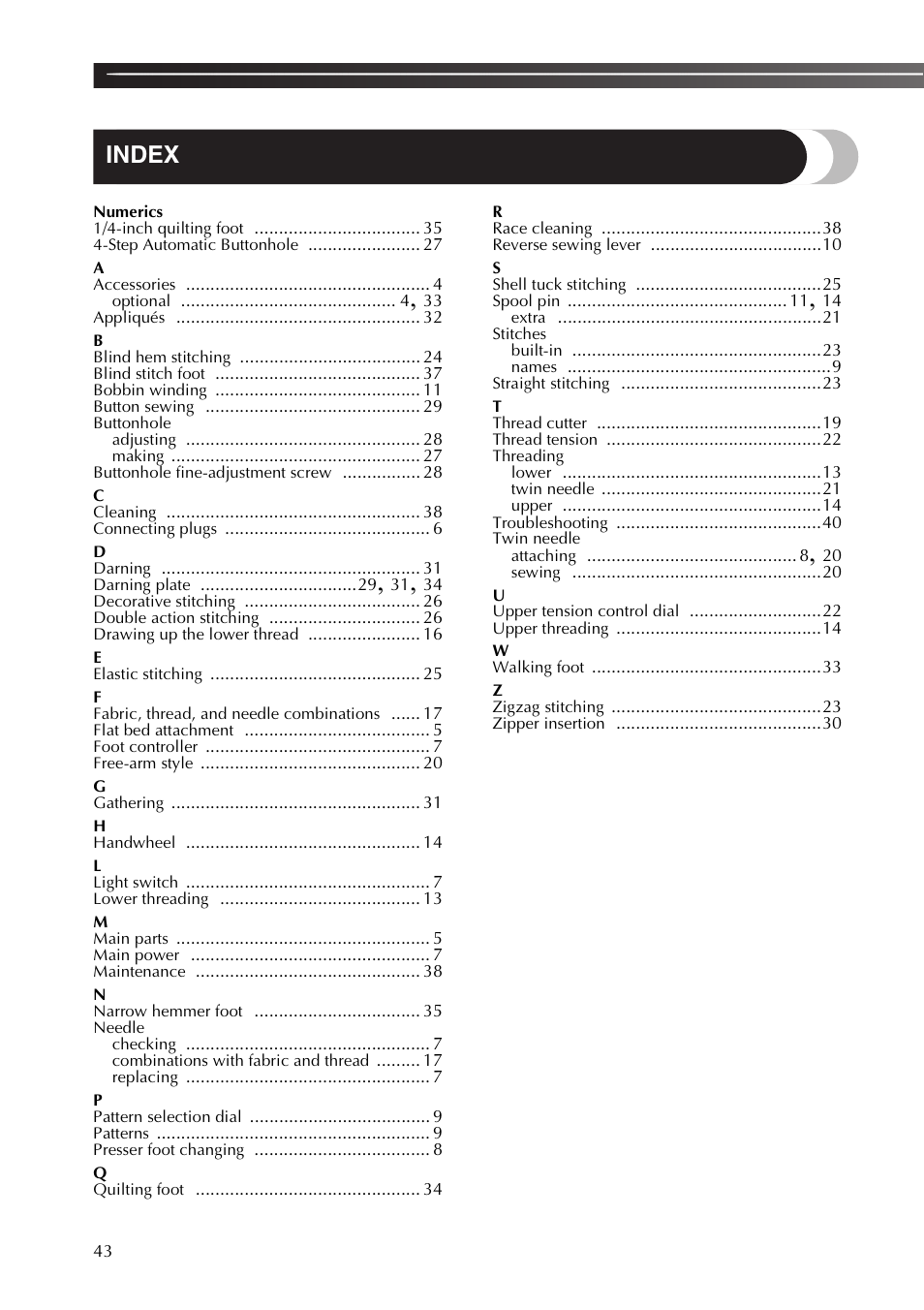 Index | Brother SB170 User Manual | Page 44 / 92