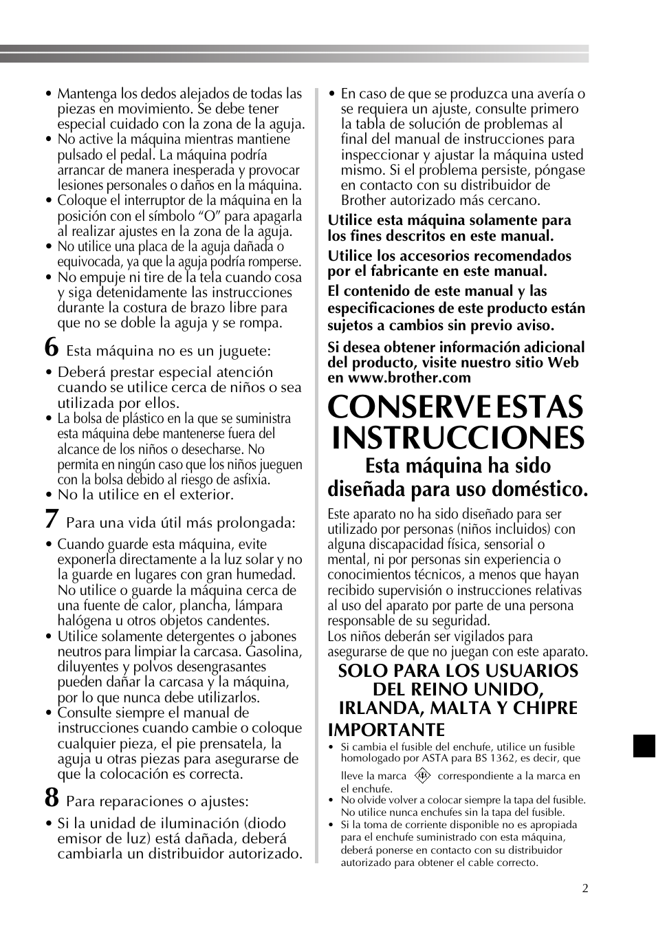 Conserve estas instrucciones, Esta máquina ha sido diseñada para uso doméstico | Brother SB170 User Manual | Page 47 / 92