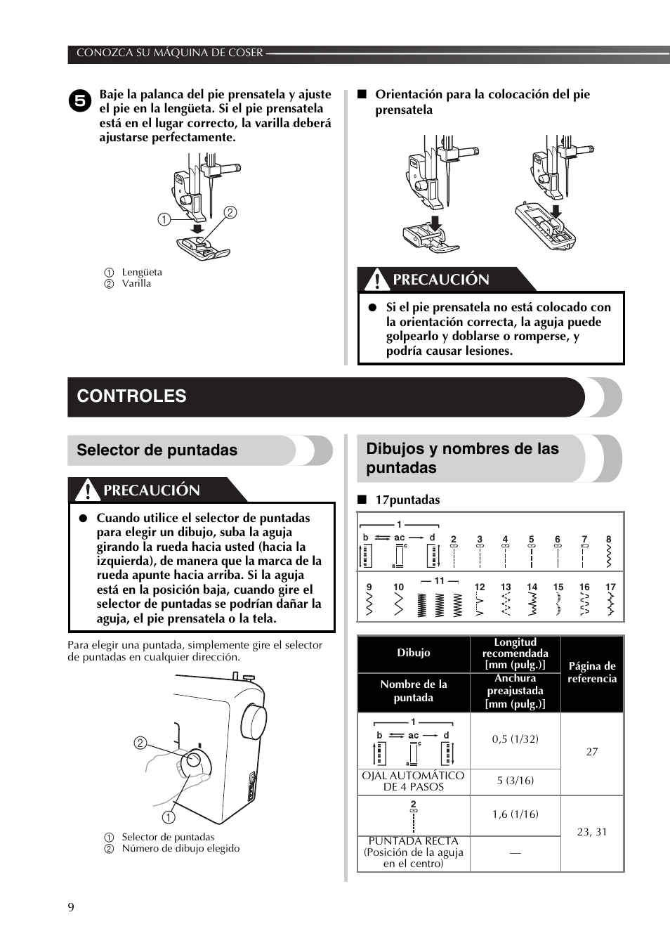Controles, Selector de puntadas, Dibujos y nombres de las puntadas | Precaución | Brother SB170 User Manual | Page 54 / 92