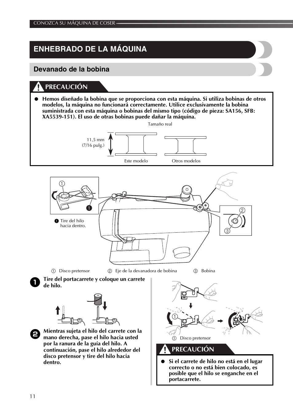 Enhebrado de la máquina, Devanado de la bobina, Precaución | Brother SB170 User Manual | Page 56 / 92