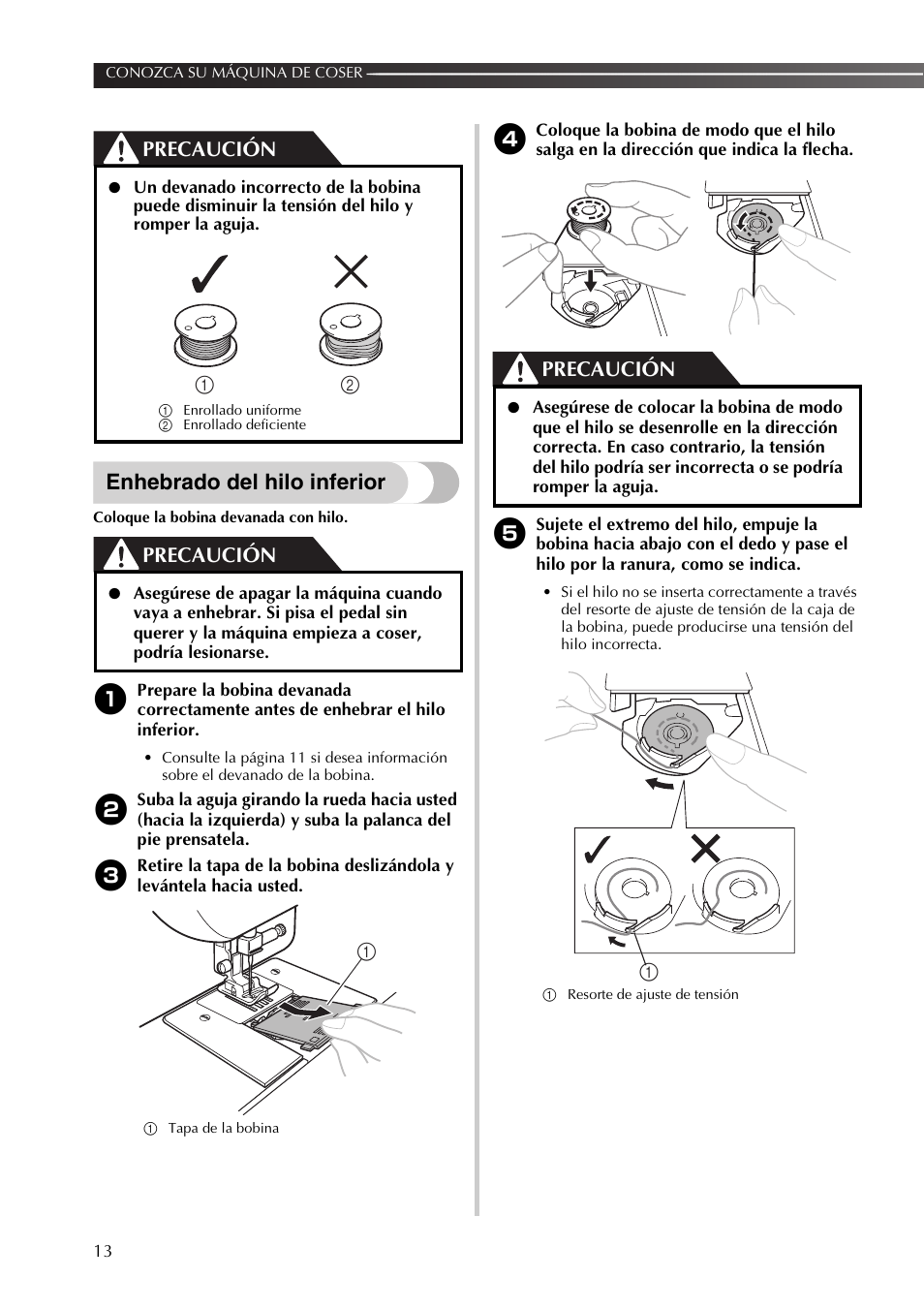 Enhebrado del hilo inferior, Precaución | Brother SB170 User Manual | Page 58 / 92