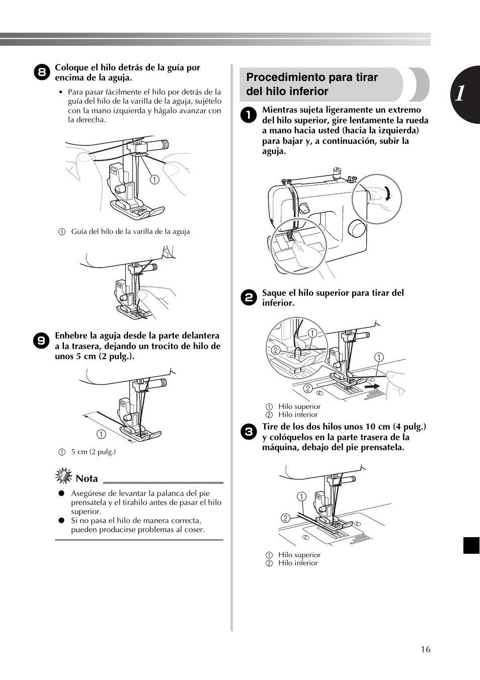 Procedimiento para tirar del hilo inferior, Nota | Brother SB170 User Manual | Page 61 / 92