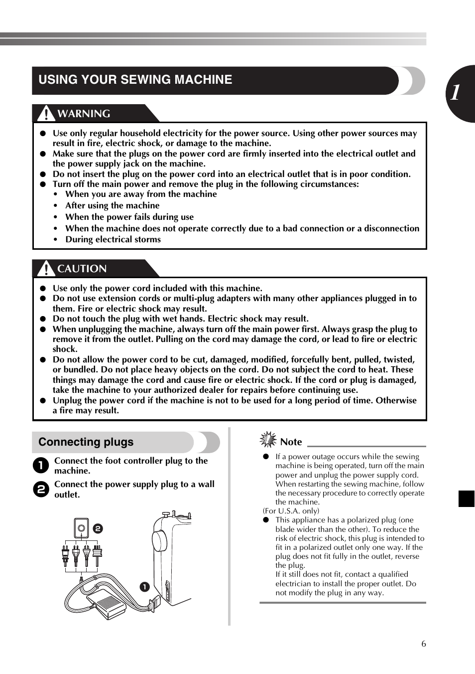 Using your sewing machine, Connecting plugs, Warning caution | Brother SB170 User Manual | Page 7 / 92