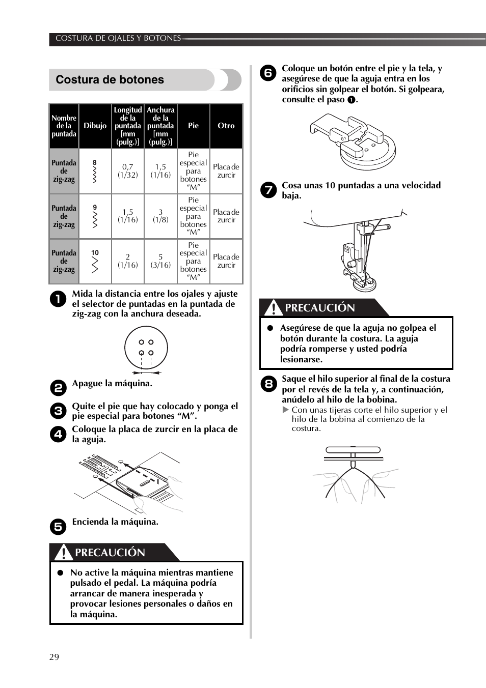 Costura de botones, Precaución | Brother SB170 User Manual | Page 74 / 92