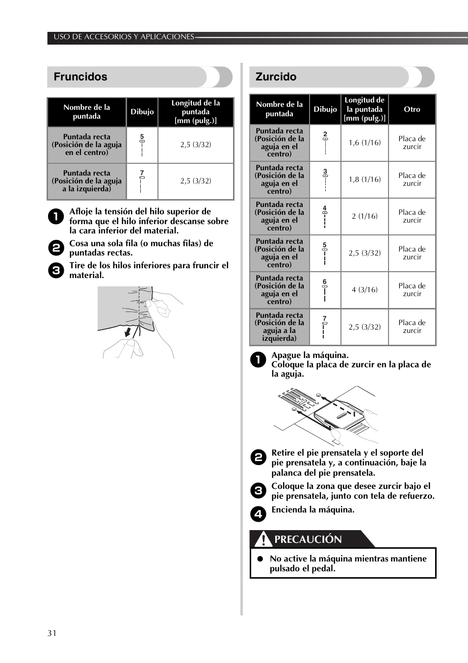Fruncidos, Zurcido, Precaución | Brother SB170 User Manual | Page 76 / 92