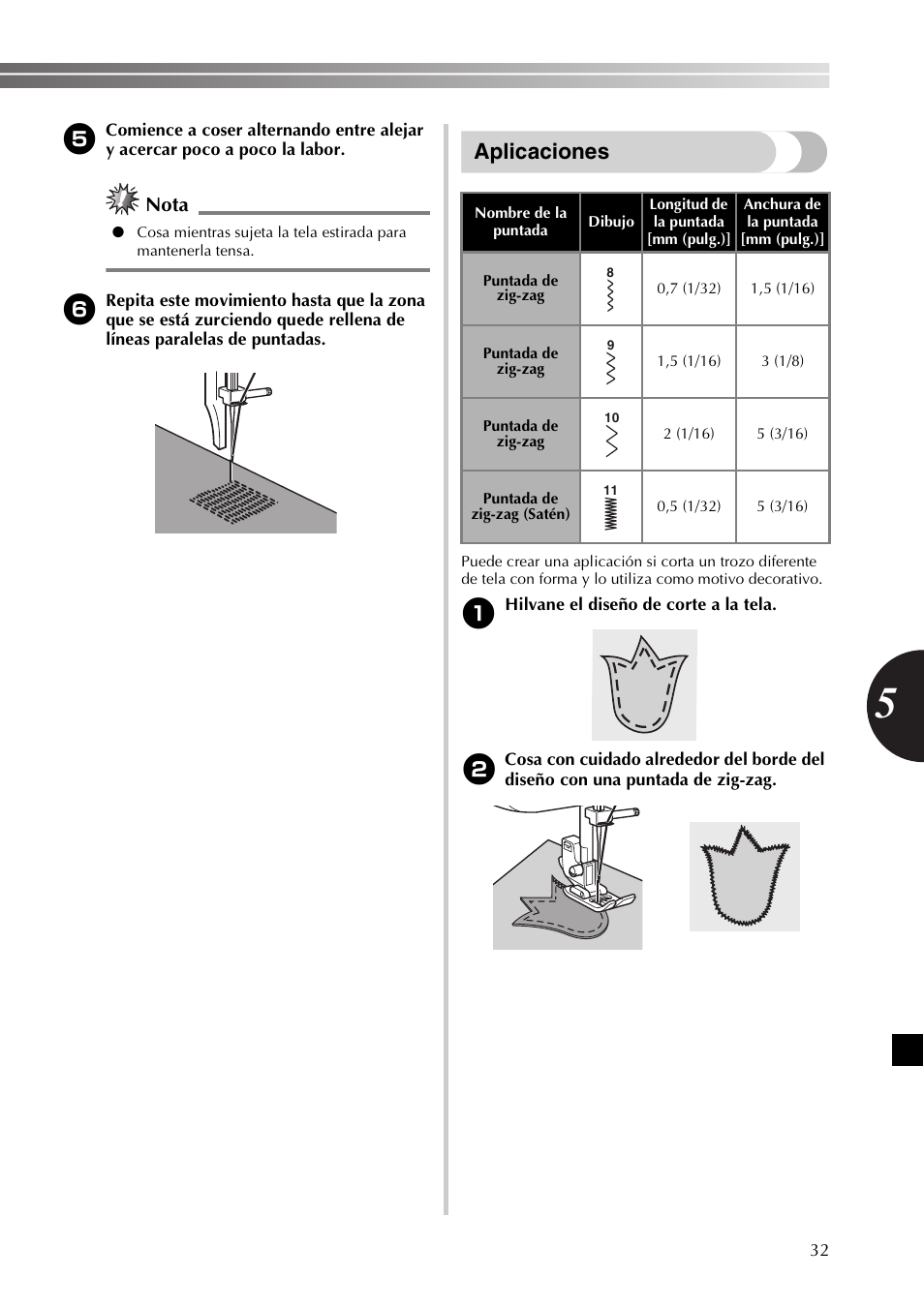 Aplicaciones, Nota | Brother SB170 User Manual | Page 77 / 92