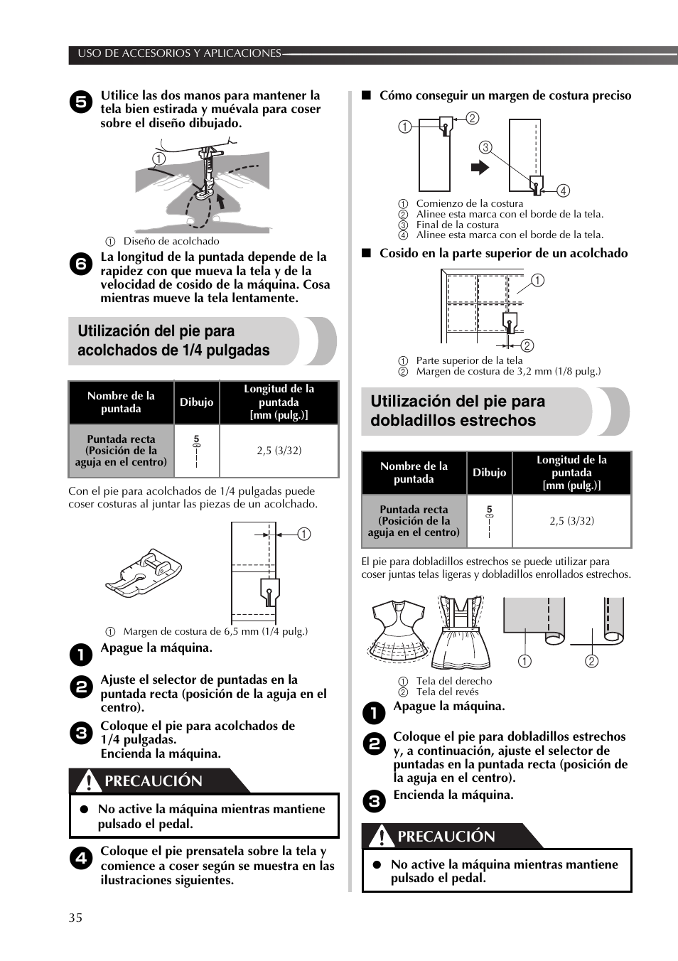 Utilización del pie para dobladillos estrechos, Precaución | Brother SB170 User Manual | Page 80 / 92