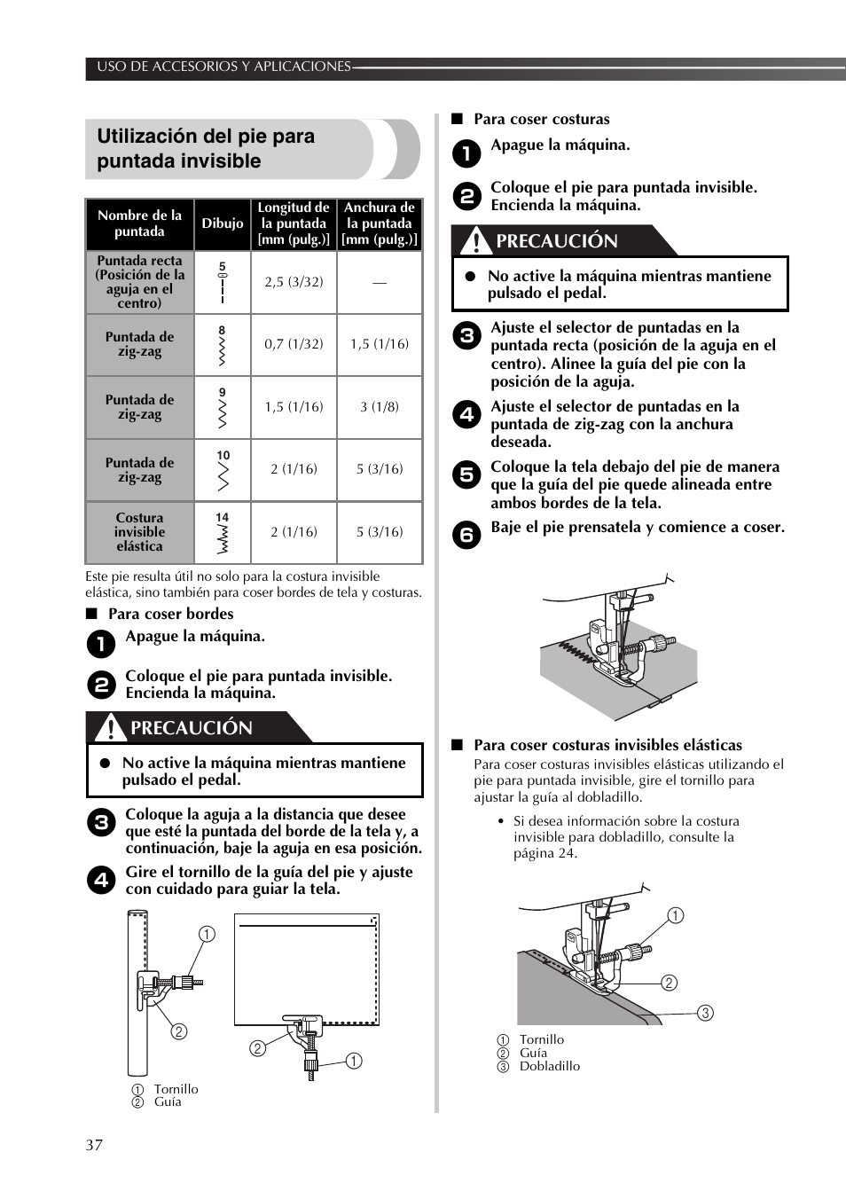 Utilización del pie para puntada invisible, Precaución | Brother SB170 User Manual | Page 82 / 92