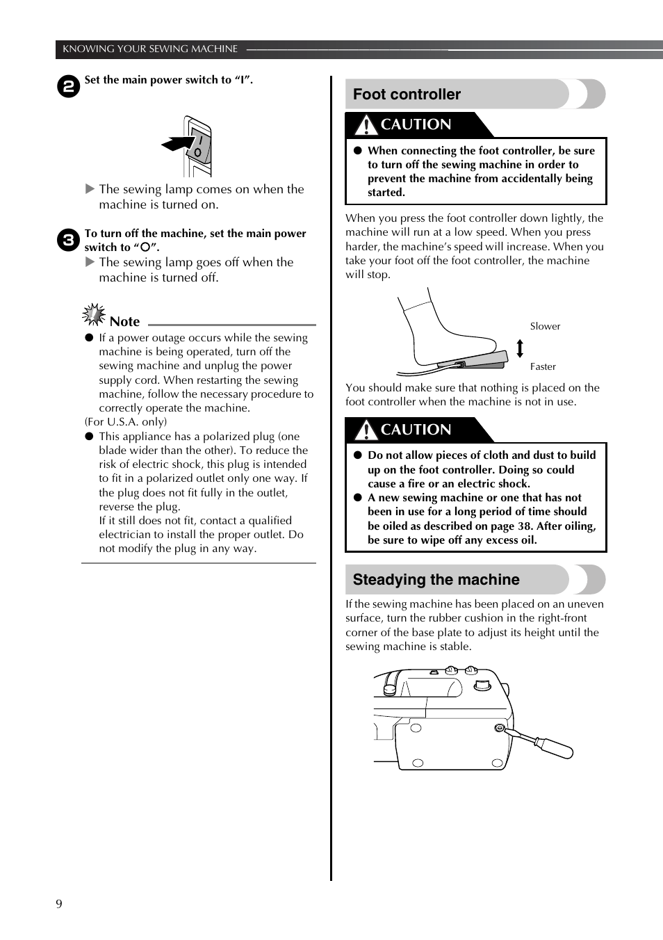 Foot controller, Steadying the machine, Caution | Brother LX2375 User Manual | Page 10 / 96