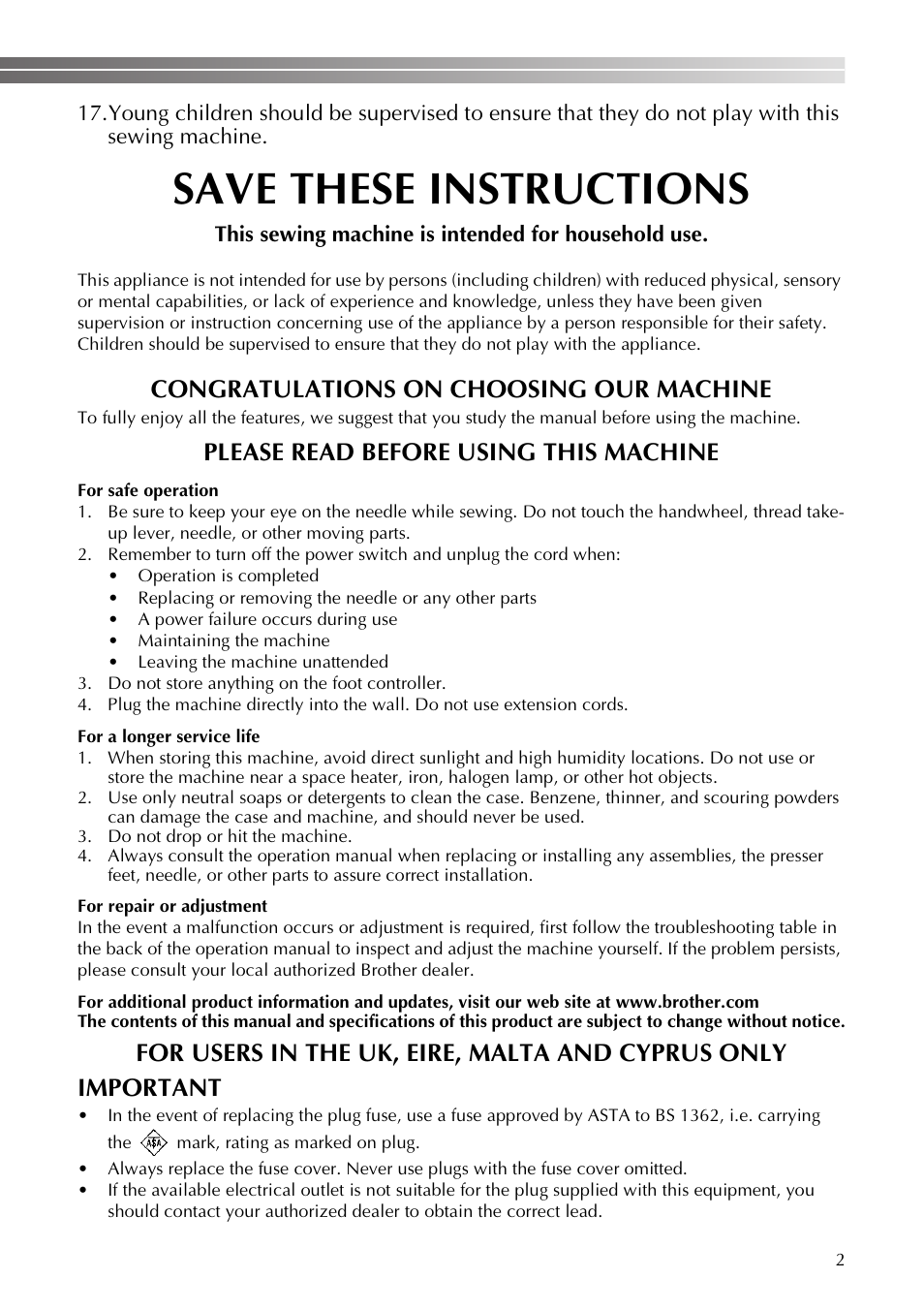 Save these instructions, Please read before using this machine | Brother LX2375 User Manual | Page 3 / 96